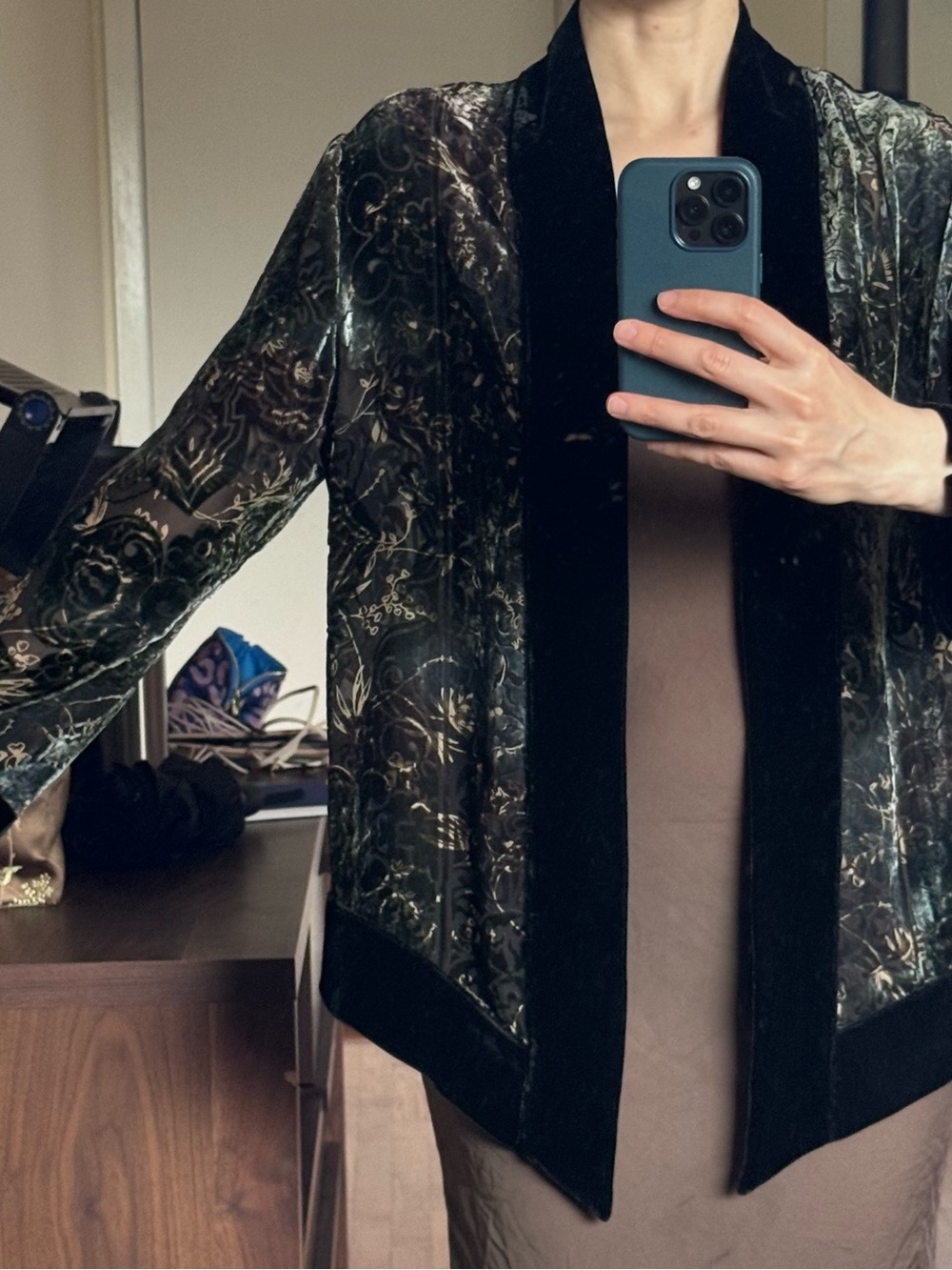 Chico's Velvet Open-Front Jacket in Black and Silver Floral Print - Picture 6 of 10